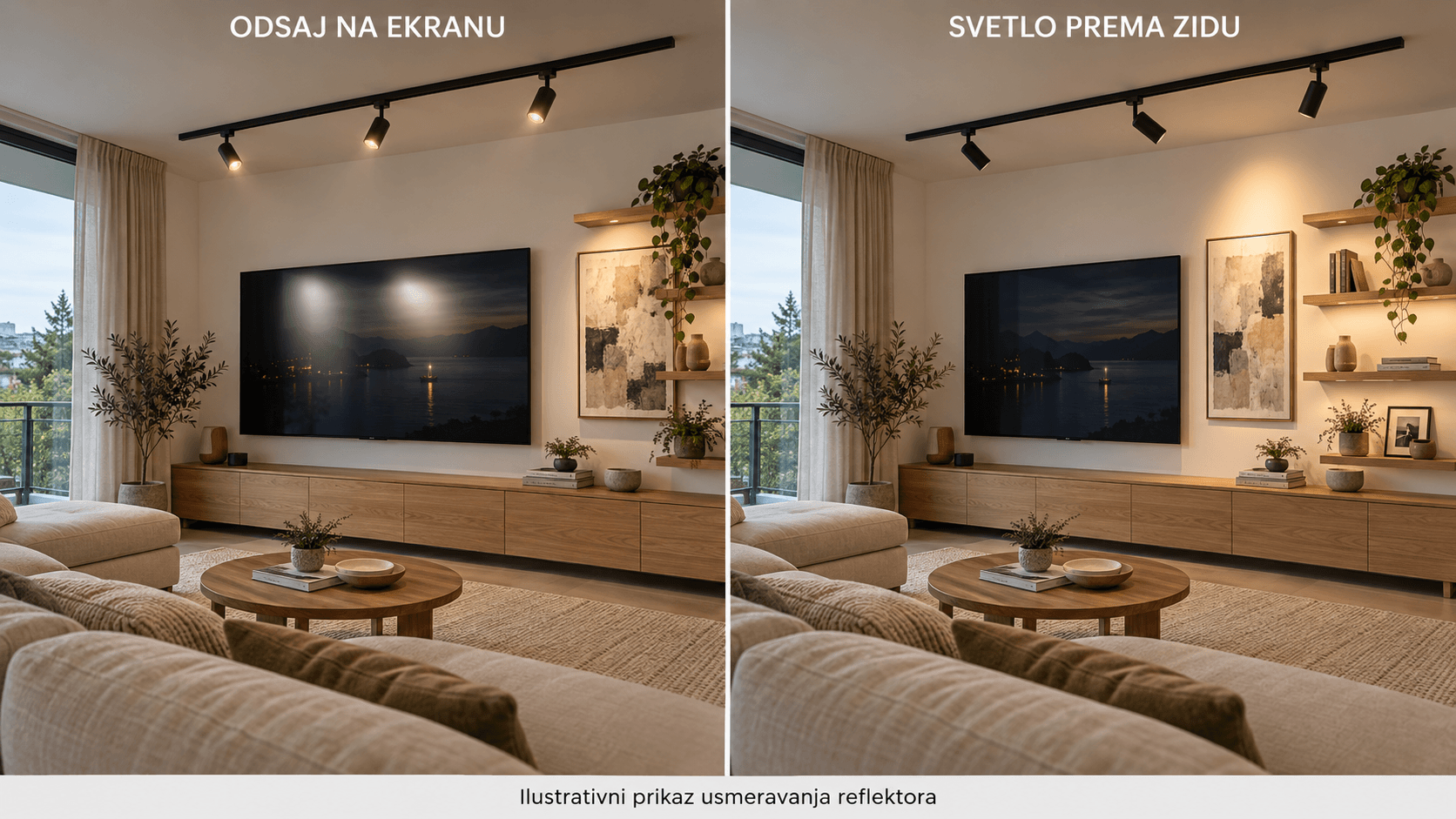 Poređenje usmeravanja šinskih reflektora: odsjaj na televizoru i svetlo usmereno prema zidu i policama.